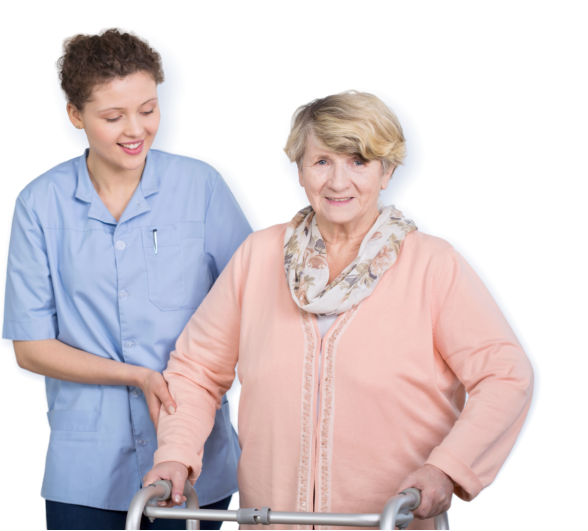 caregiver assisting senior woman to walk